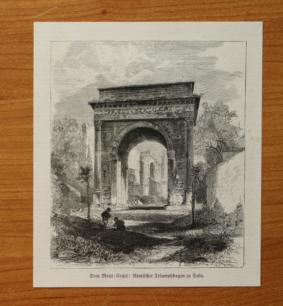 Wood Engraving Susa 1871 roman triumph arch Italy